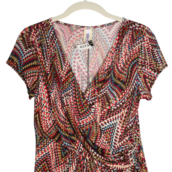 Purple Rain Faux Wrap Dress Womens Small Ruched Slinky Knee Length Short Sleeve - Picture 2 of 6